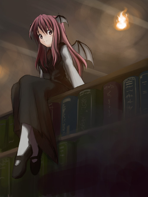 1girl book bookshelf female head_wings hirono koakuma library sitting sitting_on_object smile solo the_embodiment_of_scarlet_devil touhou voile wisp