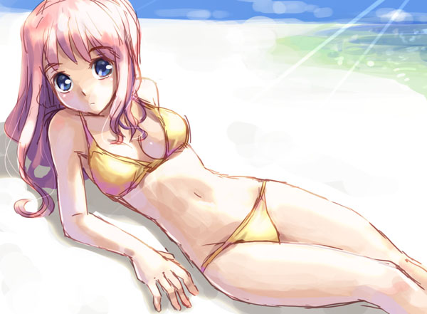 beach bikini blue_eyes katahira_masashi lying midriff ocean pink_hair sky swimsuit water
