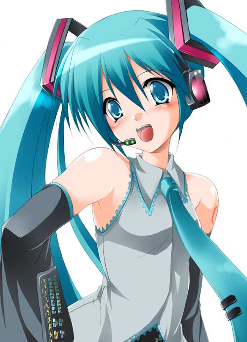 1girl :d aqua_hair blue_eyes blue_hair blush collared_shirt detached_sleeves grey_shirt hair_between_eyes hair_ornament hatsune_miku headphones kamiya_tomoe long_hair matching_hair/eyes microphone necktie number open_mouth shirt simple_background smile solo tattoo tied_hair twintails upper_body vocaloid white_background