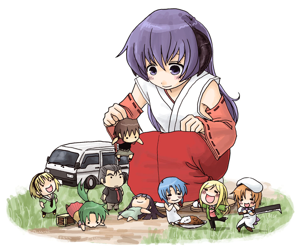 2boys 6+girls abekawa blonde_hair chibi chie_rumiko curry everyone food furude_rika giantess green_hair hanyuu higurashi_no_naku_koro_ni houjou_satoko maebara_keiichi multiple_boys multiple_girls ooishi_kuraudo pantyhose red_hakama ryuuguu_rena sonozaki_mion takano_miyo take_it_home