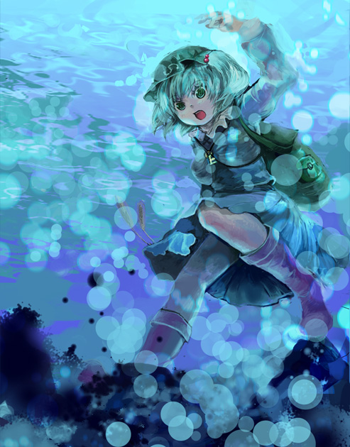 1girl aqua_hair backpack bag blue_skirt boots cis_(carcharias) female full_body green_eyes hair_bobbles hair_ornament hat kawashiro_nitori key long_sleeves looking_at_viewer open_mouth skirt solo touhou twintails two_side_up underwater