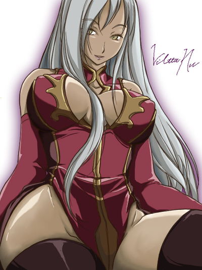 1girl breasts center_opening china_dress chinese_clothes cleavage_cutout code_geass dark_skin dress elbow_gloves gloves grey_hair halter_top halterneck hanafusa_itsuki large_breasts long_gloves long_hair silver_hair solo thigh-highs villetta_nu