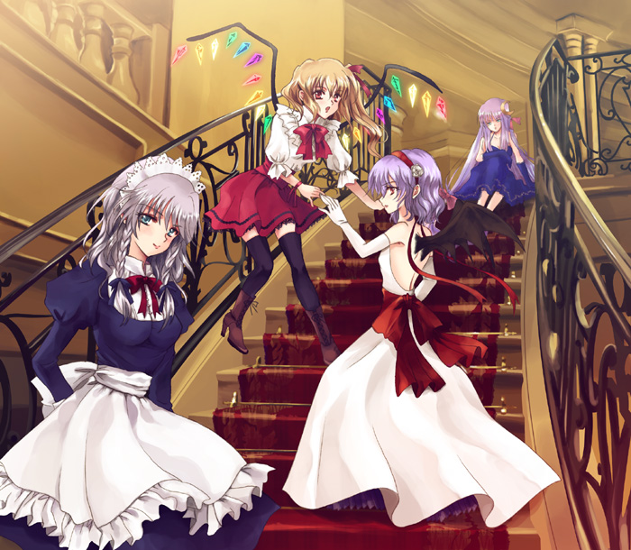 4girls blonde_hair boots female flandre_scarlet formal high_heels izayoi_sakuya multiple_girls patchouli_knowledge remilia_scarlet ringo_appuru shoes siblings sisters stairs the_embodiment_of_scarlet_devil touhou wings