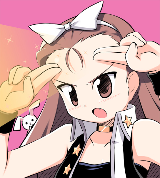 1girl :o armpits bare_shoulders bow brown_eyes brown_hair collar cool_&amp;_sexy_(idolmaster) forehead hair_bow hairband idolmaster kagura_yuuki looking_afar minase_iori open_mouth pink_background salute simple_background solo star upper_body vest white_bow