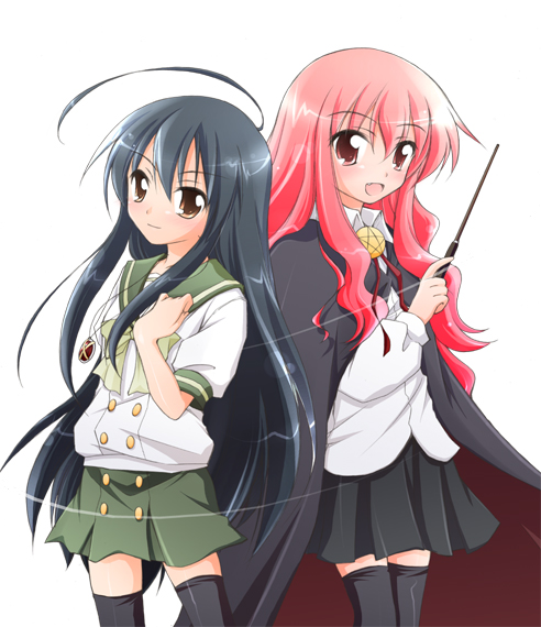 2girls ahoge alastor_(shakugan_no_shana) black_hair blush cape crossover fang jewelry kugimiya_rie louise_francoise_le_blanc_de_la_valliere manami_tatsuya multiple_girls pendant pentacle pink_hair school_uniform seiyuu_connection serafuku shakugan_no_shana shana skirt thigh-highs wand zero_no_tsukaima zettai_ryouiki