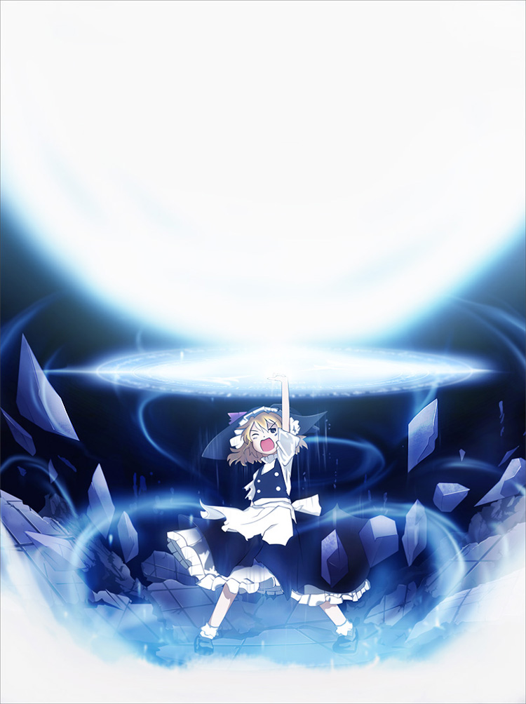 1girl beam blonde_hair dress energy_beam female hat kirisame_marisa magic master_spark rubble solo touhou witch witch_hat