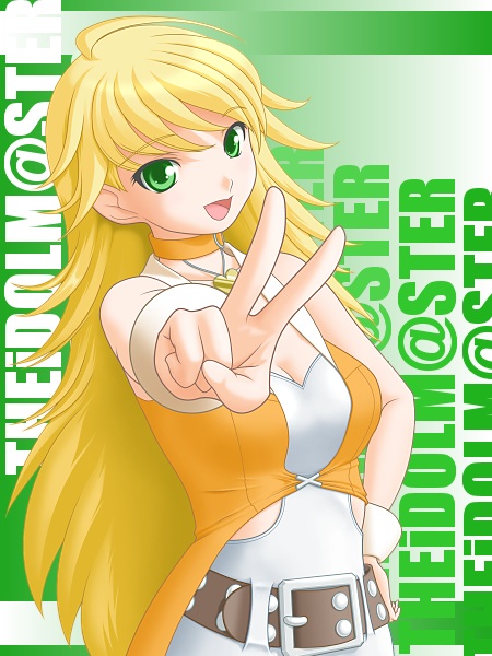 1girl belt blonde_hair cool_&amp;_sexy_(idolmaster) green_eyes hand_on_hip hoshii_miki idolmaster long_hair open_mouth solo t2r v