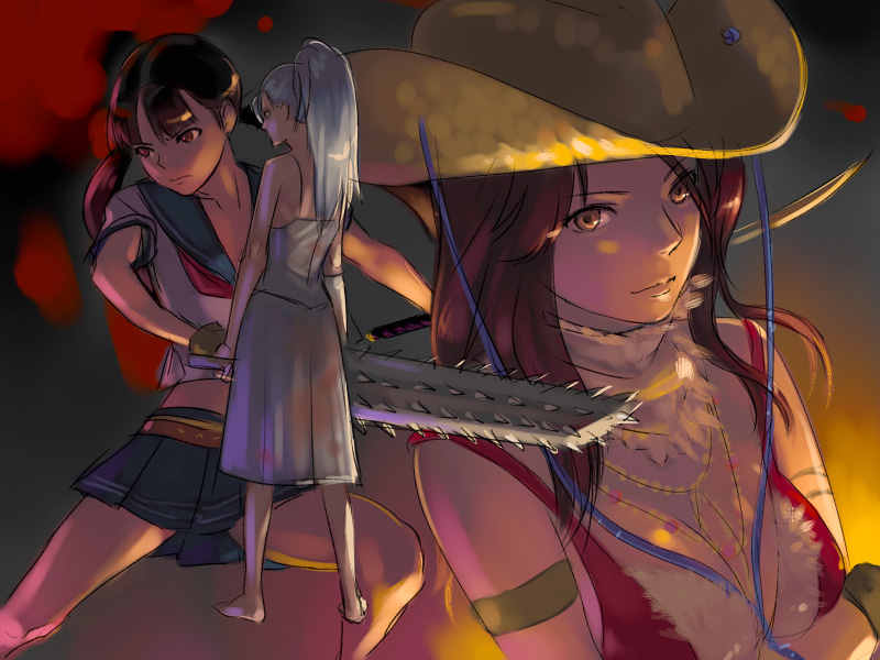 3girls aya_(oneechanbara) barefoot belt bikini bikini_top blade breasts brown_hair cleavage cowboy_hat crop_top dress feet fuchida_kazuhiro hat long_hair midriff misery_(oneechanbara) multiple_girls oneechanbara ponytail red_eyes saki_(oneechanbara) school_uniform serafuku silver_hair skirt stampede_string swimsuit sword twintails weapon western yellow_eyes