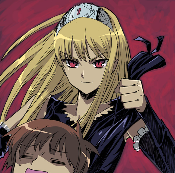 1boy 1girl =_= blonde_hair closed_mouth collarbone detached_sleeves dress etorouji_shiono evil_smile frills gem gloves hime_(kaibutsu_oujo) hiyorimi_hiro kaibutsu_oujo long_sleeves looking_at_viewer open_mouth red_eyes shaded_face shadow shiono_etorouji sleeveless sleeveless_dress smile solo tiara upper_body
