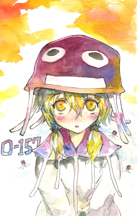 1girl blonde_hair bow hair_bow hat hood hoodie moyashimon simple_background solo suidengetsu traditional_media twintails watercolor_(medium)