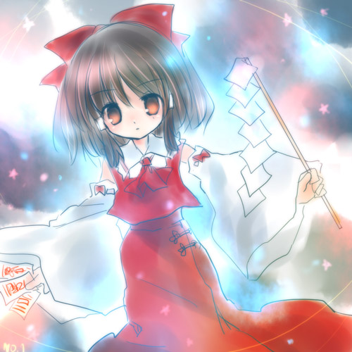 1girl bow brown_hair detached_sleeves dress dutch_angle female gohei hair_bow hakurei_reimu holding long_sleeves looking_at_viewer lowres ofuda outstretched_arms red_bow red_dress red_eyes short_hair sidelocks solo stick the_embodiment_of_scarlet_devil torii_sumi touhou wide_sleeves