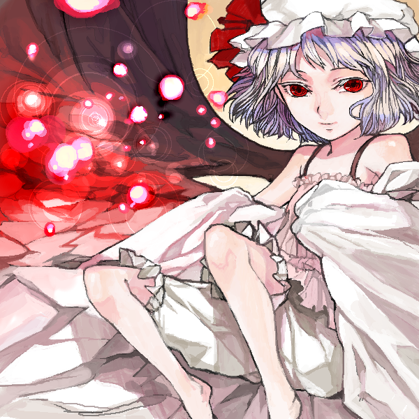 1girl bare_legs barefoot bloomers camisole collarbone female frills glowing hat looking_at_viewer mob_cap orb red_eyes remilia_scarlet short_hair silver_hair sitting solo touhou underwear xero
