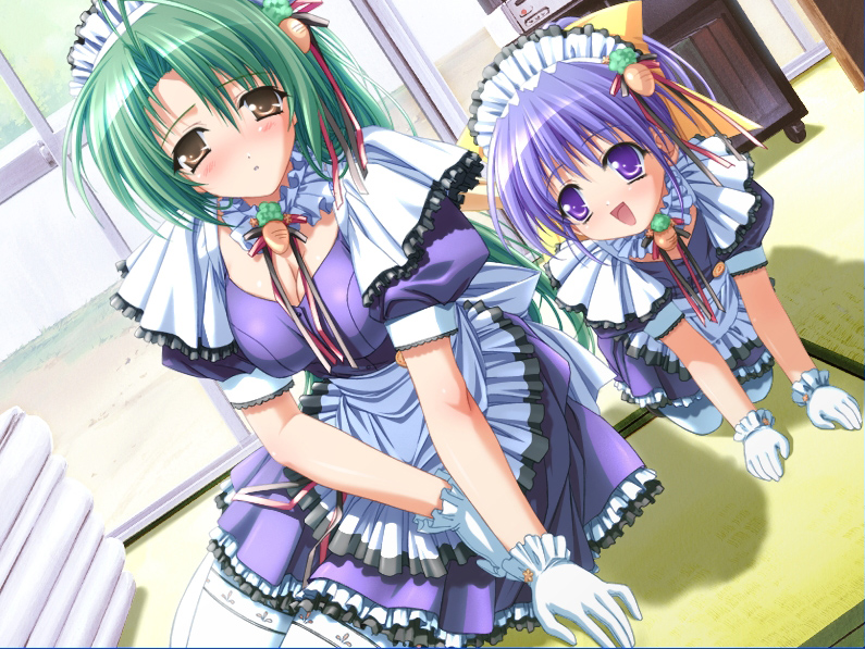 2girls 90s age_difference all_fours blue_hair blush breasts brown_eyes carrot child cleavage dutch_angle food_themed_clothes game_cg gloves green_hair maid mother_and_daughter multiple_girls murakami_suigun pia_carrot_(series) pia_carrot_e_youkoso!! pia_carrot_e_youkoso!!_g.o. purple_hair sitting smile thigh-highs violet_eyes waitress white_legwear yamana_kaede yamana_tokiko