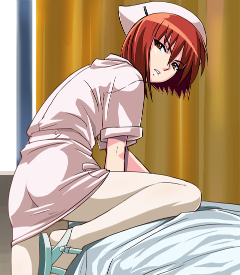 1girl bed curtains hanbun_no_tsuki_ga_noboru_sora haruyama_kazunori hat nurse nurse_cap pantyhose red_eyes redhead sandals solo tanizaki_akiko white_legwear