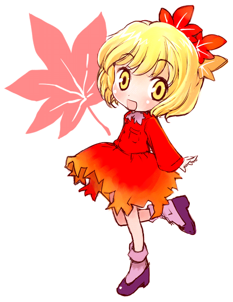 1girl aki_shizuha blonde_hair chibi female hair_ornament leaf leaf_hair_ornament leaf_on_head object_on_head okome_(ricecandy) ricecandy short_hair shunsei_(muratou) solo touhou yellow_eyes