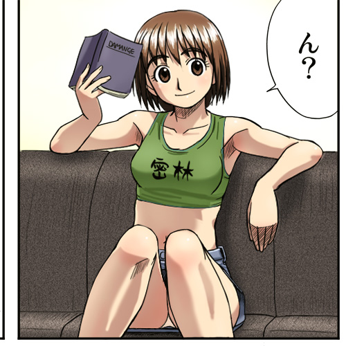 1girl armpits ayase_fuuka book brown_eyes brown_hair clothes_writing couch eyebrows happy haruyama_kazunori head_tilt indoors looking_at_viewer lowres midriff miniskirt panties pantyshot sitting skirt solo speech_bubble thick_eyebrows translation_request underwear white_panties yotsubato!