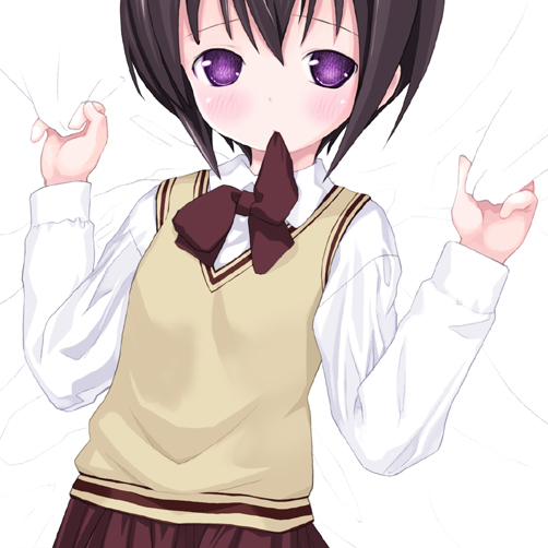 1girl bamboo_blade black_hair bow bowtie cowboy_shot kawazoe_tamaki kiira long_sleeves looking_at_viewer mouth_hold red_bow red_bowtie red_skirt school_uniform serafuku short_hair simple_background skirt solo sweater_vest upper_body violet_eyes white_background