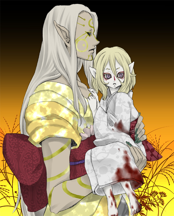 2boys androgynous blonde_hair blood bodypaint bow carrying child demon_form dual_persona facepaint facial_mark floral_background gradient gradient_background holding japanese_clothes kimono kusuriuri_(dark) kusuriuri_(mononoke) long_hair looking_at_viewer looking_to_the_side makeup male_focus mononoke multiple_boys nail_polish obi pale_skin pointy_ears princess_carry sash violet_eyes white_clothes white_hair younger