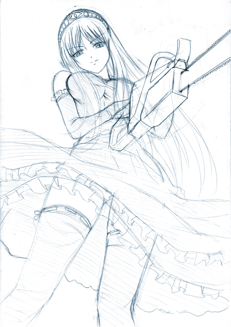 arsenal chainsaw dress gloves hime_(kaibutsu_oujo) kaibutsu_oujo monochrome sketch thigh-highs tiara upskirt zettai_ryouiki