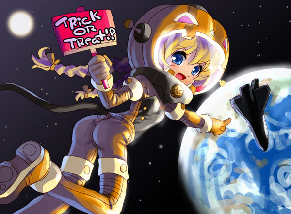 1girl astronaut braid earth halloween jack-o'-lantern katahira_masashi moon pumpkin science_fiction solo space space_craft space_shuttle spacesuit trick_or_treat twin_braids