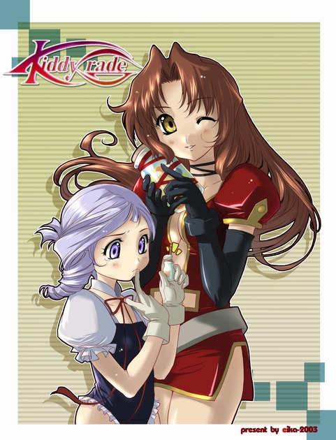 00s 2girls belt breasts brown_hair candy child cleavage drill_hair eclair_(kiddy_grade) eika_(artist) elbow_gloves finger_to_mouth frills gloves jar kiddy_grade lavender_hair long_hair lumiere medium_breasts multiple_girls one_eye_closed short_hair small_breasts smile violet_eyes wink yellow_eyes