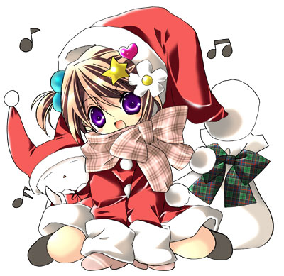 1girl :d bad_id beamed_quavers brown_hair dress hat koge_donbo looking_at_viewer lowres musical_note open_mouth original quaver red_dress santa_costume santa_hat scarf short_hair simple_background smile snow snowman solo violet_eyes white_background