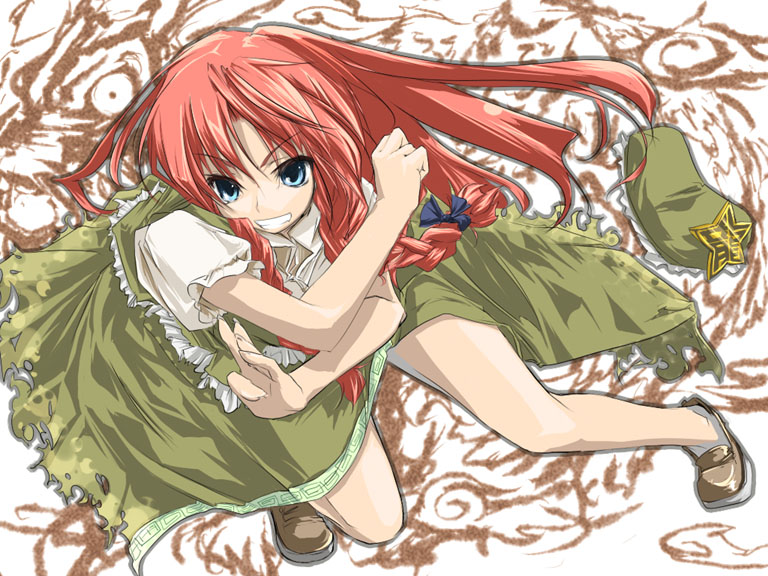 1girl bare_legs beret blue_eyes bow braid dragon female fighting_stance grin hair_bow hat hat_removed headwear_removed hong_meiling immaterial_and_missing_power long_hair redhead sanoharu shoes short_sleeves side_slit smile solo star torn_clothes touhou twin_braids white_background