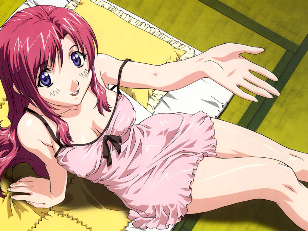 00s 1girl arm_support blush bow breasts chemise cleavage erect_nipples frilled_pillow frills from_above kazami_mizuho large_breasts legs lingerie lipstick long_hair makeup makino_ryuuichi nightgown on_floor onegai_teacher outstretched_hand pillow pink_hair reclining redhead sitting smile solo strap_slip tatami underwear violet_eyes wallpaper