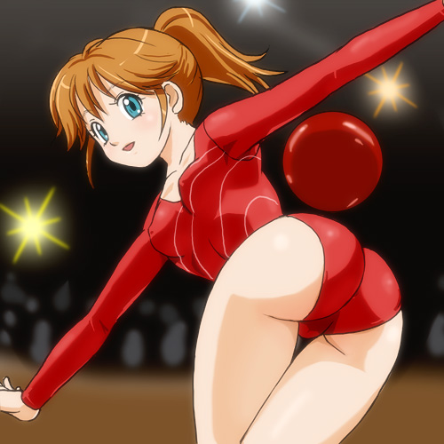 ass ball blue_eyes brown_hair gymnastics haruyama_kazunori hikari_no_densetsu hikaru_no_densetsu kamijou_hikari leotard lowres ponytail rhythmic_gymnastics short_hair