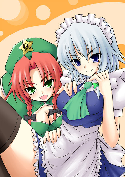 2girls apron ascot bangs black_bow black_legwear blue_eyes blue_skirt bow braid breasts cleavage eyebrows female green_bow green_eyes hair_bow hassaku_karin hat hong_meiling izayoi_sakuya looking_at_viewer maid_headdress multiple_girls open_mouth puffy_short_sleeves puffy_sleeves redhead short_sleeves silver_hair skirt smile star the_embodiment_of_scarlet_devil thigh-highs touhou twin_braids