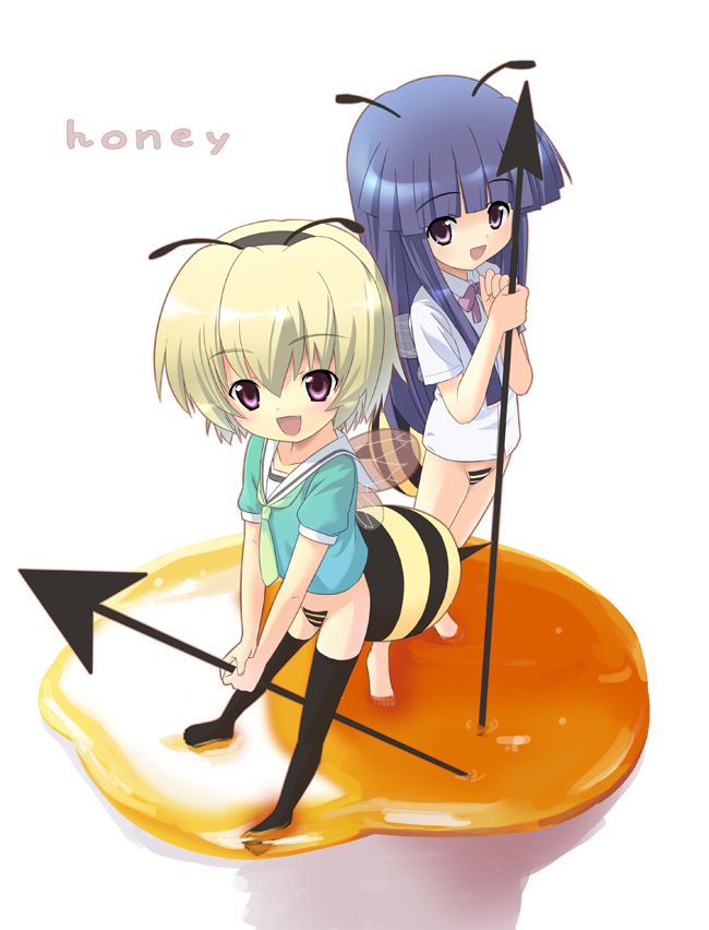 2girls antennae barefoot bee bee_girl black_legwear blonde_hair blue_hair bottomless fang feet furude_rika higurashi_no_naku_koro_ni honey houjou_satoko houmitsu insect_girl long_hair maebari monster_girl multiple_girls no_shoes panties polearm school_uniform serafuku short_hair spear strapless_bottom thigh-highs underwear violet_eyes weapon