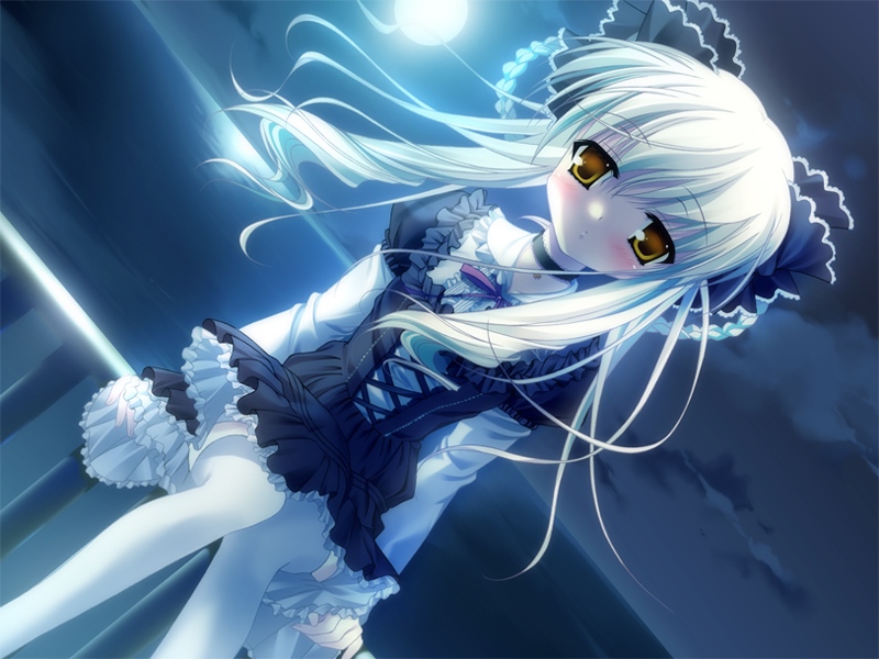 1girl blush braid choker clouds collar da_capo da_capo_ii dress dutch_angle full_moon game_cg glowing gothic gothic_lolita hair_ribbon lolita_fashion long_hair looking_at_viewer mitsumomo_mamu moon night ribbon scenery solo thigh-highs twintails white_hair white_legwear yellow_eyes yukimura_anzu zettai_ryouiki