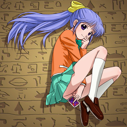 1girl blazer blue_eyes blue_hair bow brown_shoes card egypt egyptian hair_bow haruyama_kazunori heiroglyphs hieroglyphics hieroglyphs holding holding_card lavender_hair long_hair looking_at_viewer lowres miniskirt nosaka_miho ribbon school_uniform shoes skirt smile socks solo white_legwear yu-gi-oh! yuu-gi-ou_(touei)