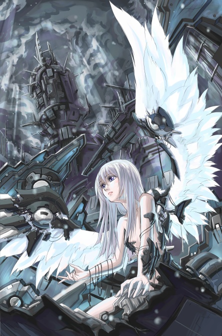 1girl android angel angel_wings cable feathers grey_eyes grey_hair kurogin long_hair machine original robot_girl silver_hair solo technology white_hair wings