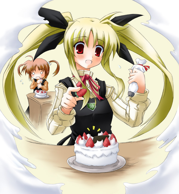 00s 2girls blonde_hair cake duplicate fate_testarossa food fruit lyrical_nanoha mahou_shoujo_lyrical_nanoha multiple_girls o_o pastry pastry_bag strawberry takamachi_nanoha twintails