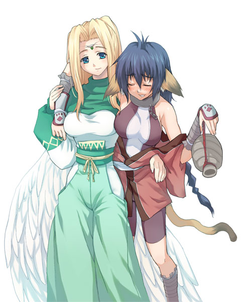 2girls animal_ears bangs blonde_hair blue_eyes blue_hair blush bottle braid breasts carrying closed_eyes collar dog_ears dog_tail dress drunk gourd green_dress green_eyes holding karura_(utawareru_mono) kneehighs large_breasts long_hair looking_at_viewer multiple_girls parted_bangs shorts simple_background smile standing tail urutori utawareru_mono white_background wings yukitsuki_hisa