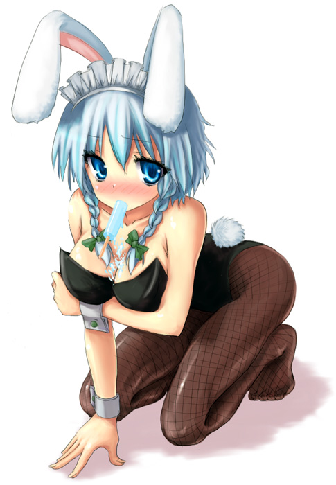1girl animal_ears blue_eyes blush braid breast_squeeze breasts bunny_girl bunnysuit cleavage female fishnet_pantyhose fishnets food izayoi_sakuya kneeling kuroneko_jiji large_breasts looking_at_viewer mouth_hold pantyhose popsicle rabbit_ears short_hair silver_hair simple_background solo touhou twin_braids white_background