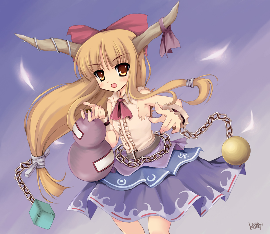 1girl :d bad_anatomy bare_shoulders blonde_hair blue_skirt bottle bow bowtie chains cowboy_shot cuffs female gourd hair_bow hand_holding horns ibuki_suika long_hair low-tied_long_hair ofuda oni open_mouth red_bow red_bowtie shackles shirt skirt sleeveless sleeveless_shirt smile solo tied_hair tomusooya touhou white_shirt yellow_eyes
