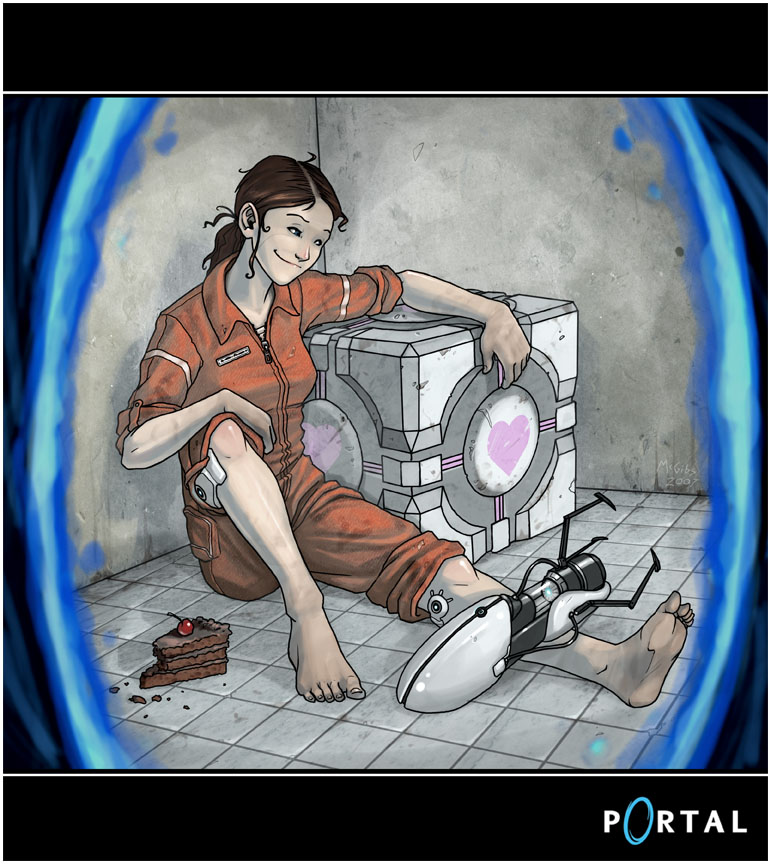 1girl aperture_science_handheld_portal_device barefoot brown_hair cake chell cube dirty_feet feet food heart jesse_mcgibney jumpsuit pastry ponytail portal portal_(object) sleeves_rolled_up smile solo valve weighted_companion_cube