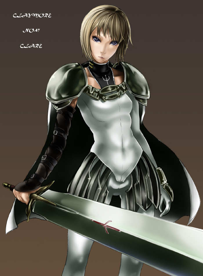 1girl abubu armor blade blonde_hair clare_(claymore) claymore claymore_(sword) gradient gradient_background huge_sword huge_weapon short_hair solo sword weapon