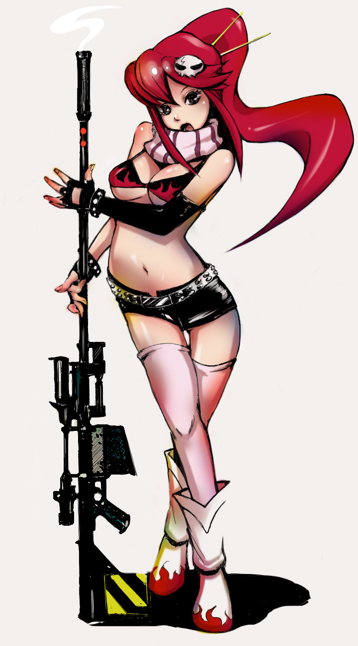 1girl anti-materiel_rifle breasts gun highres medium_breasts rifle sniper_rifle solo tengen_toppa_gurren_lagann thigh-highs under_boob weapon yoko_littner