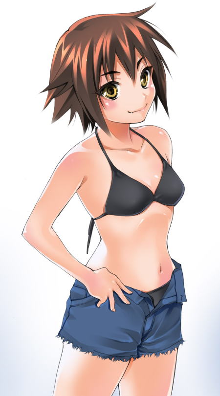 1girl azu bikini bikini_top bikini_under_clothes brown_hair denim denim_shorts kusakabe_misao lucky_star open_clothes open_fly open_shorts short_hair shorts solo swimsuit swimsuit_under_clothes tieback unzipped