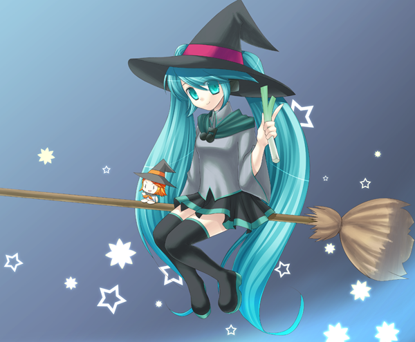 1girl aqua_eyes aqua_hair bad_id black_legwear boots broom broom_riding character_doll doll eko flying gradient gradient_background hat hatsune_miku kagamine_rin long_hair musical_note night skirt smile solo spring_onion star starry_background thigh-highs thigh_boots twintails very_long_hair vocaloid witch witch_hat