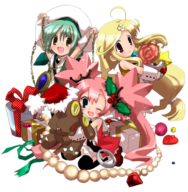 3girls :d ;d arms_up beret blonde_hair blush chains character_request cheering chibi full_body green_eyes green_hair hat hizuki_yayoi long_hair looking_at_viewer low-tied_long_hair multiple_girls one_eye_closed open_mouth pink_hair ponytail short_hair smile source_request tied_hair twintails very_long_hair violet_eyes wrist_cuffs