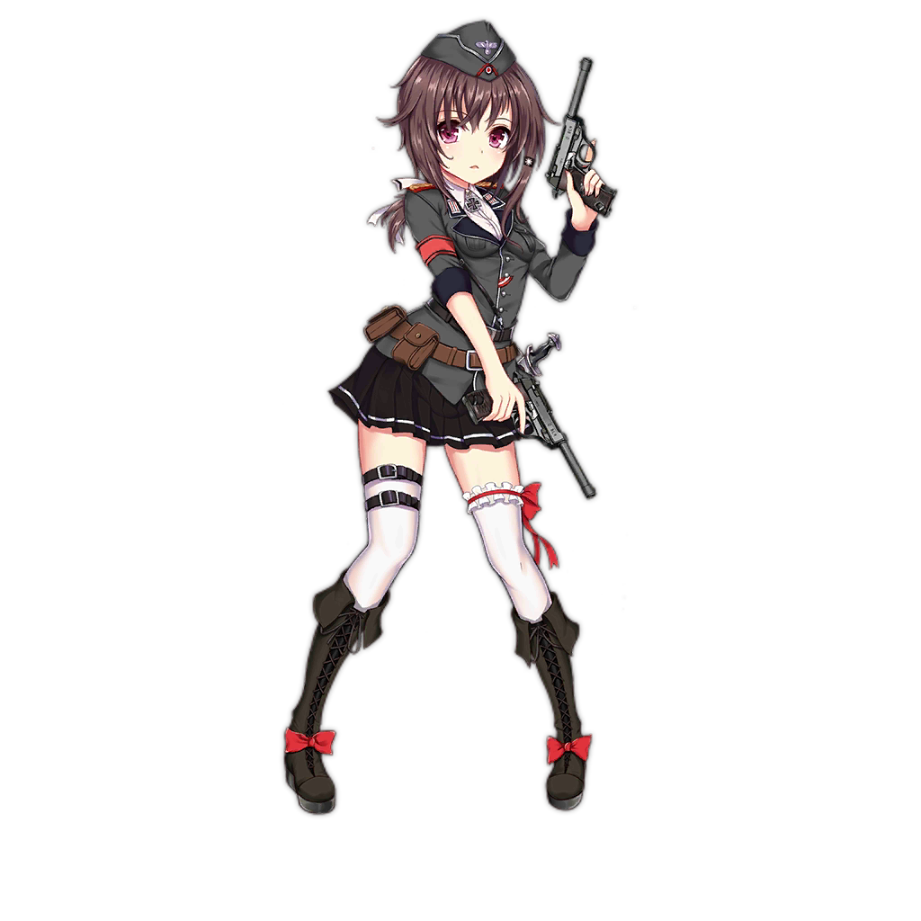 1girl artist_request boots brown_hair dual_wielding frilled_legwear full_body gun hair_ribbon handgun hat iron_cross knee_boots looking_at_viewer p38 p38_(girls_frontline) parted_lips ponytail ribbon solo thigh-highs transparent_background trigger_discipline violet_eyes weapon