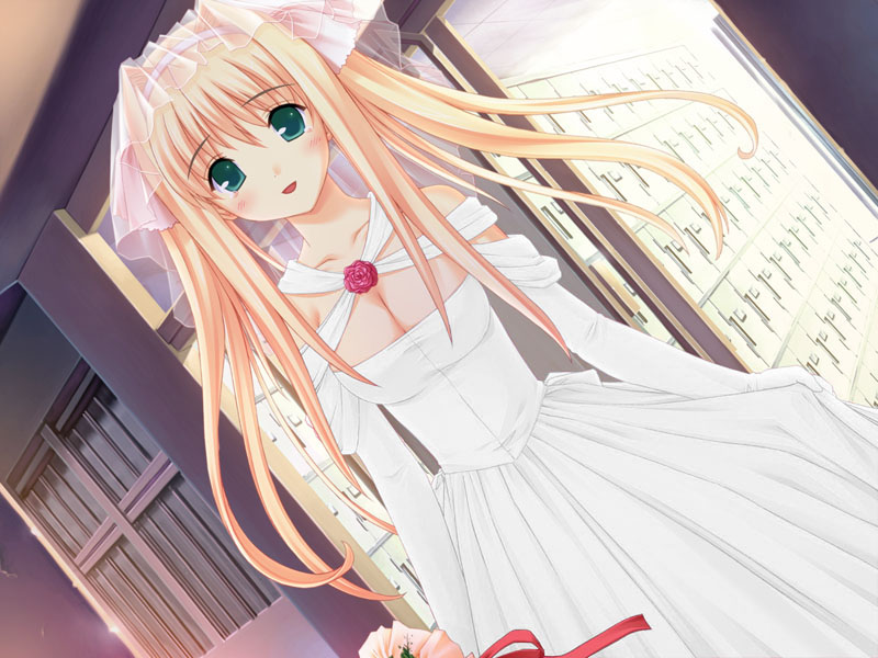 1girl bangs blonde_hair blush breasts bride building cleavage collarbone detached_sleeves dress dutch_angle female flower green_eyes hayama_umi kono_aozora_ni_yakusoku_wo long_hair long_sleeves looking_at_viewer nekonyan open_mouth sleeveless sleeveless_dress smile solo veil wedding_dress white_dress