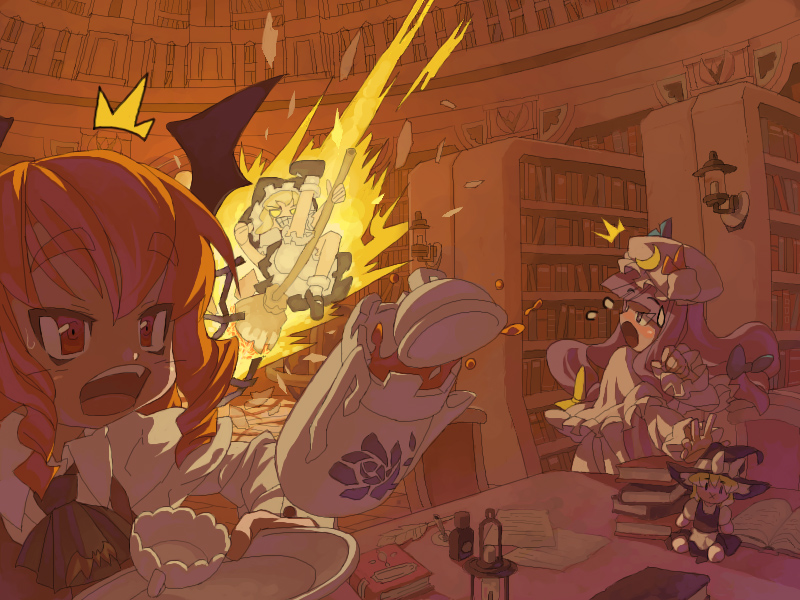3girls :x blonde_hair book bookshelf character_doll cup female grin hat head_wings itsukia kirisame_marisa koakuma library multiple_girls open_mouth patchouli_knowledge smile sweatdrop tea teacup the_embodiment_of_scarlet_devil touhou voile witch_hat