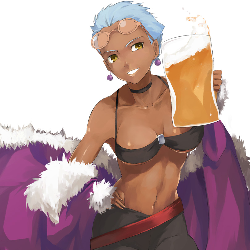 1girl alcohol april_(darker_than_black) beer blue_hair dark_skin darker_than_black froth glasses grin looking_at_viewer short_hair simple_background smile solo u_(the_unko) white_background