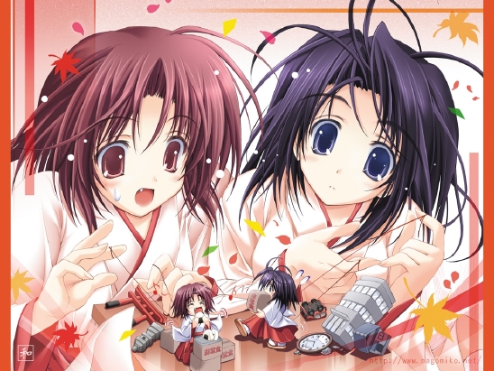 2girls chibi fang japanese_clothes leaf maple_leaf miko minigirl multiple_girls puppet tenmu_shinryuusai