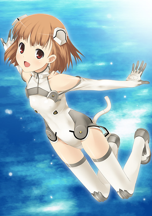 1girl :d bangs bare_shoulders boots brown_hair elbow_gloves erect_nipples flat_chest floating flying full_body gloves halterneck happy headgear leotard looking_at_viewer mizuki_makoto motionslit open_mouth outstretched_arms pilot_suit red_eyes sakurano_otoha short_hair sky_girls smile solo spread_arms thigh-highs thigh_boots turtleneck white_boots white_gloves white_legwear